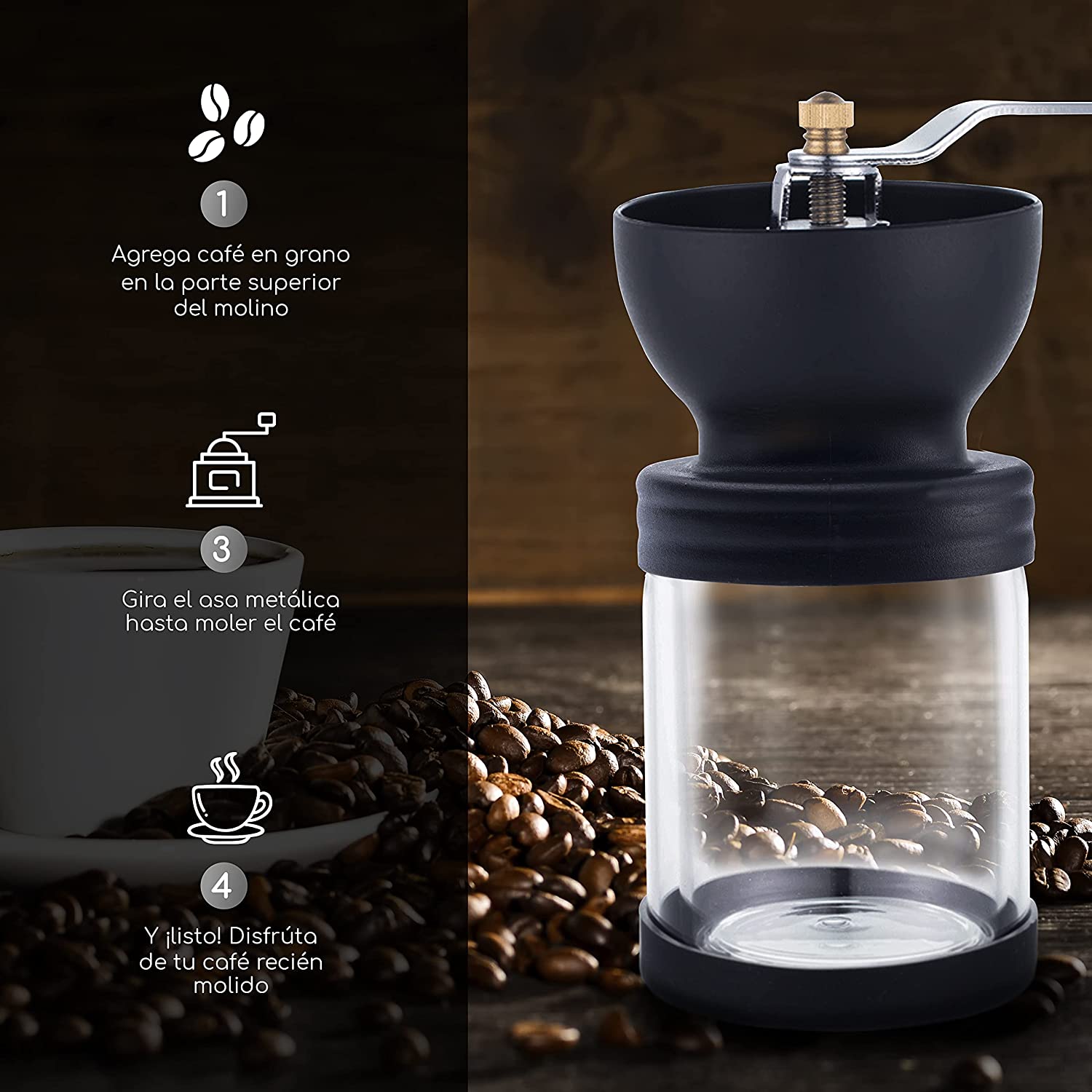 Molinillo de café manual con indicador del café necesario por taza.